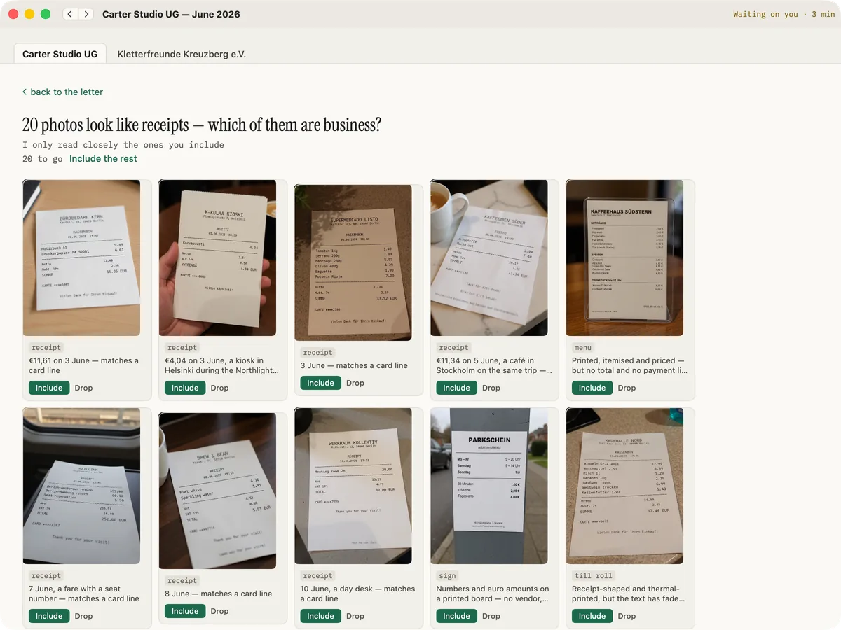 Clerk.AI offering twenty photos that look like receipts, as a grid of thumbnails. Each has a chip saying what kind of thing it is, a line saying what was read off it, and Include and Drop buttons; above the grid sit Include the rest and a count of how many are still undecided.